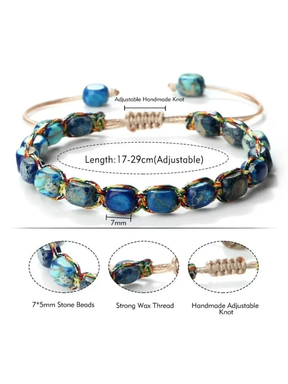 Boho Imitation Jasper Gemstone Beaded Bracelet Blue Marbled Handwoven Adjustable